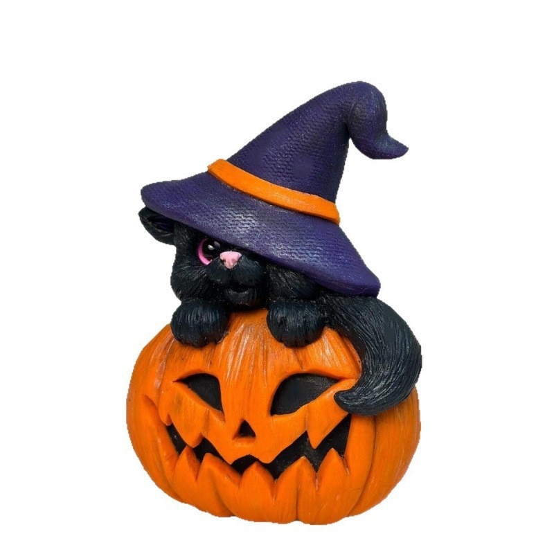 Halloweenska ozdoba s magickou mačkou do domu a záhrady – figúrka zo živice