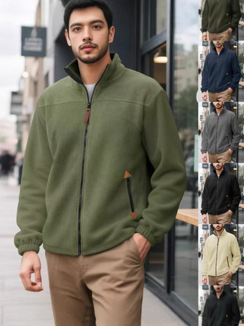 Pulover bărbătească cu fermoar, căptușit cu fleece, guler înalt, mâneci lungi, culoare solidă, ținută casual de iarnă