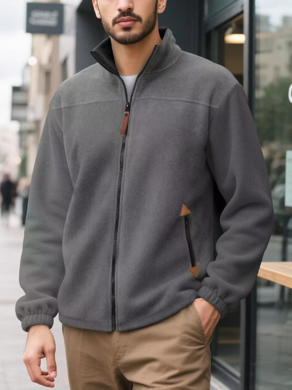 Pulover bărbătească cu fermoar, căptușit cu fleece, guler înalt, mâneci lungi, culoare solidă, ținută casual de iarnă