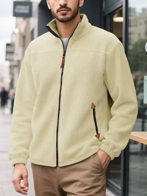 Pulover bărbătească cu fermoar, căptușit cu fleece, guler înalt, mâneci lungi, culoare solidă, ținută casual de iarnă