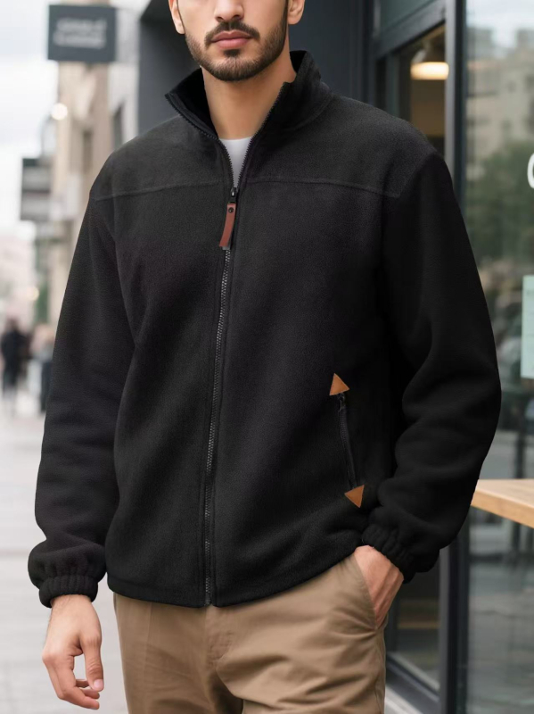 Pulover bărbătească cu fermoar, căptușit cu fleece, guler înalt, mâneci lungi, culoare solidă, ținută casual de iarnă