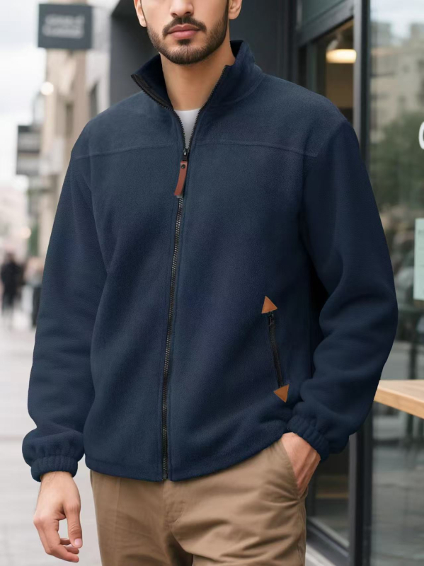 Pulover bărbătească cu fermoar, căptușit cu fleece, guler înalt, mâneci lungi, culoare solidă, ținută casual de iarnă