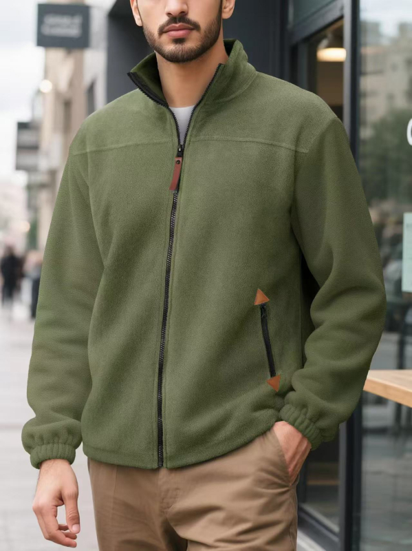 Pulover bărbătească cu fermoar, căptușit cu fleece, guler înalt, mâneci lungi, culoare solidă, ținută casual de iarnă