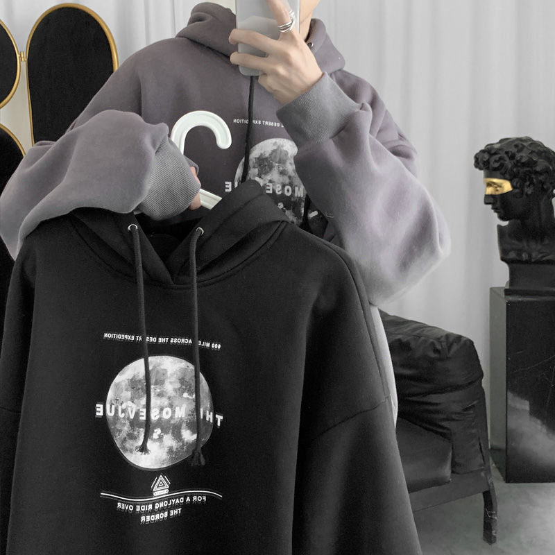 Hanorac bărbați cu glugă, căptușit cu fleece, gros, imprimeu, stil coreean, croială lejeră, casual