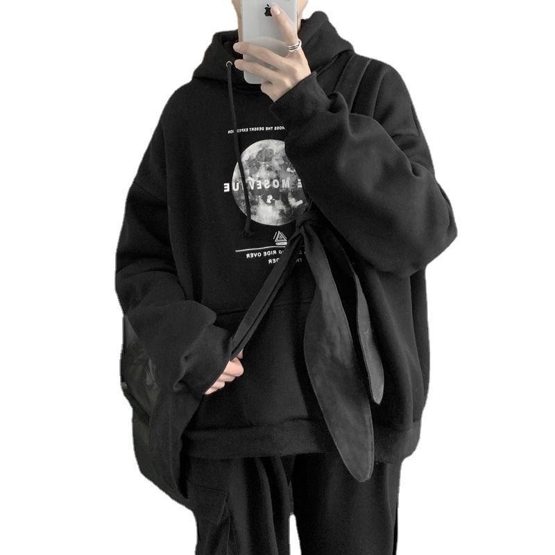Hanorac bărbați cu glugă, căptușit cu fleece, gros, imprimeu, stil coreean, croială lejeră, casual