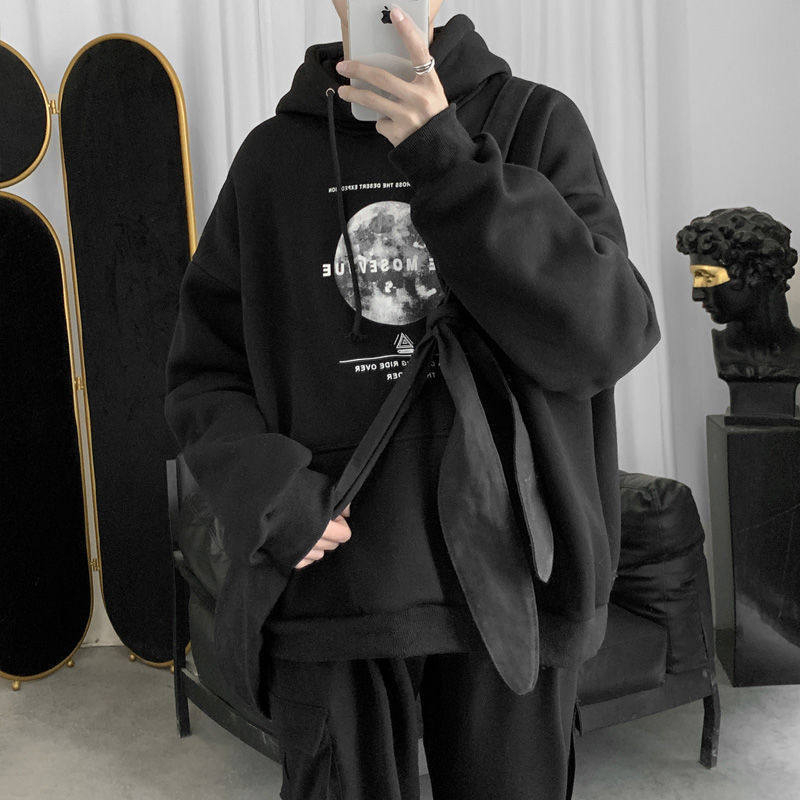 Hanorac bărbați cu glugă, căptușit cu fleece, gros, imprimeu, stil coreean, croială lejeră, casual