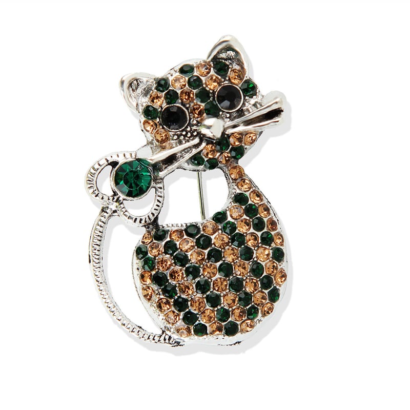 Aranyos retro macska brooch köves betéttel és diszkrét csattal, divatos ruhadísz