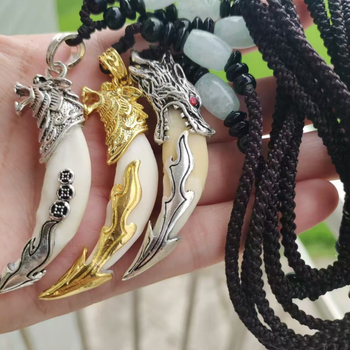 Tibeti masztiff fogas medálos nyaklánc – valódi fog, fekete farkasfog, uniszex ékszer