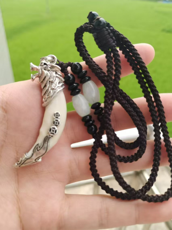 Tibeti masztiff fogas medálos nyaklánc – valódi fog, fekete farkasfog, uniszex ékszer