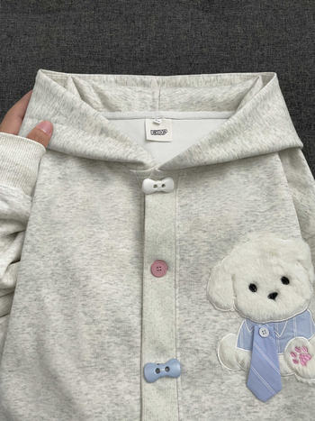 Aranyos plüss kutyás hímzéssel ellátott kapucnis kardigán-sweater nőknek, laza szabás, tavasz–ősz koreai stílusban