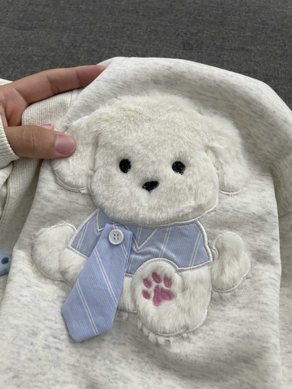 Aranyos plüss kutyás hímzéssel ellátott kapucnis kardigán-sweater nőknek, laza szabás, tavasz–ősz koreai stílusban