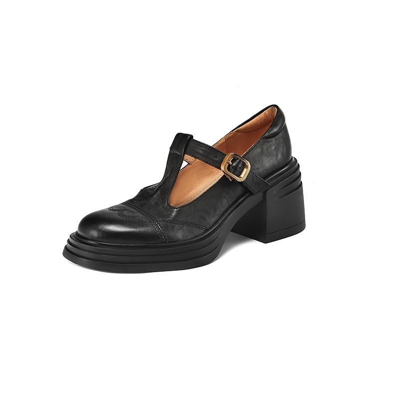 Női Mary Jane cipő kerek orral, vastag talppal, 3-5 cm középmagas sarok, T-alakú pánttal, vintage stílus, PU bőr