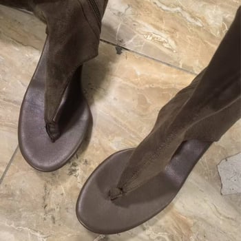 Cizme maro până la genunchi cu deget despărțit, pentru femei mici de înălțime, toc subțire, stil casual, cizme lungi și sandale
