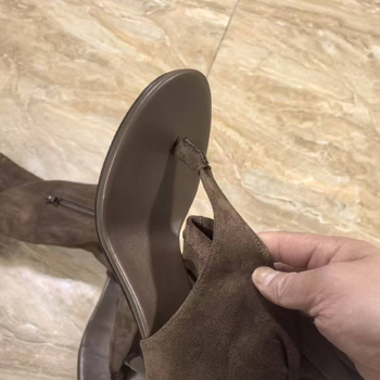 Cizme maro până la genunchi cu deget despărțit, pentru femei mici de înălțime, toc subțire, stil casual, cizme lungi și sandale