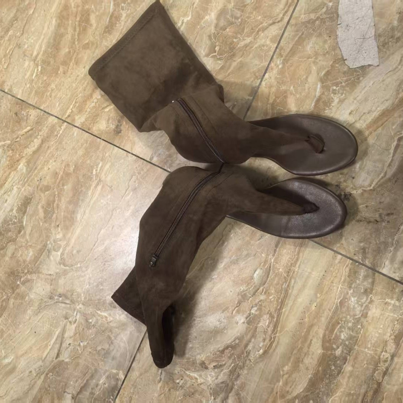 Cizme maro până la genunchi cu deget despărțit, pentru femei mici de înălțime, toc subțire, stil casual, cizme lungi și sandale