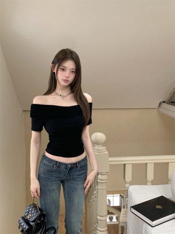 Női off-shoulder rövid ujjú póló, 2025 nyár, karcsúsított fazon, cropped top, sokoldalú