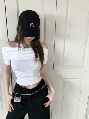 Női off-shoulder rövid ujjú póló, 2025 nyár, karcsúsított fazon, cropped top, sokoldalú