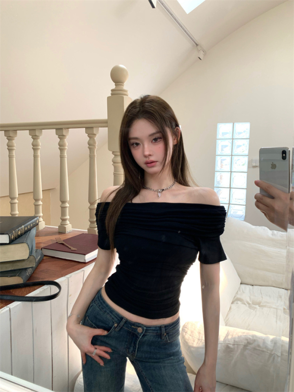 Női off-shoulder rövid ujjú póló, 2025 nyár, karcsúsított fazon, cropped top, sokoldalú