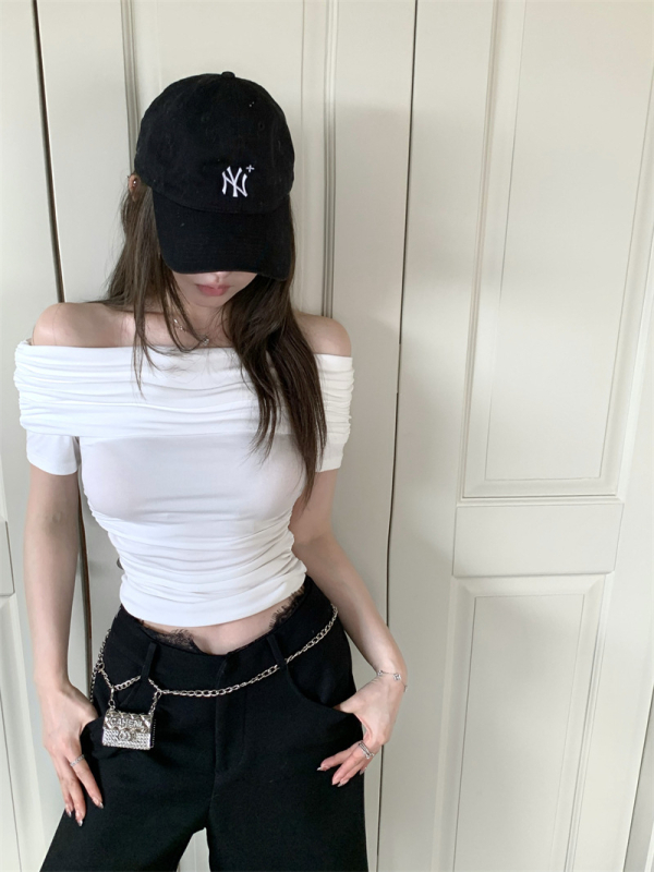 Női off-shoulder rövid ujjú póló, 2025 nyár, karcsúsított fazon, cropped top, sokoldalú