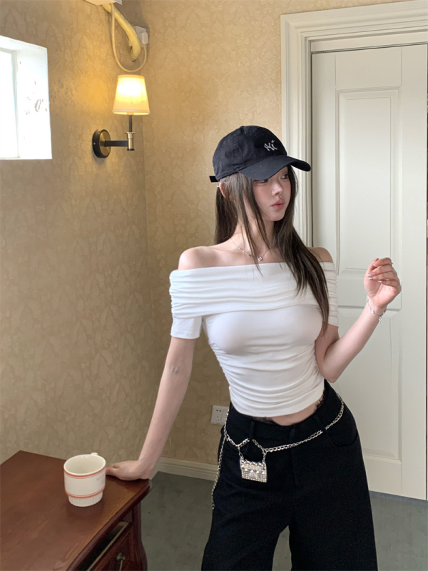 Női off-shoulder rövid ujjú póló, 2025 nyár, karcsúsított fazon, cropped top, sokoldalú