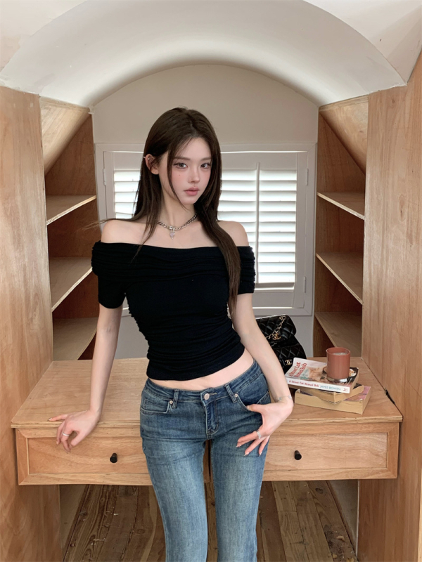 Női off-shoulder rövid ujjú póló, 2025 nyár, karcsúsított fazon, cropped top, sokoldalú