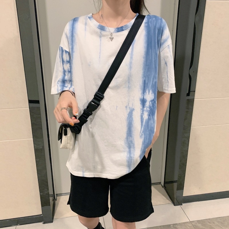 Női rövidujjú T-shirt kerek nyakú, tie-dye mintával, lazán szabott nyári felső, 2025