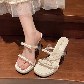 Magas sarkú szandál masnival, masszív sarokkal, nyári francia négyszögletes orral, nyitott lábujjjal