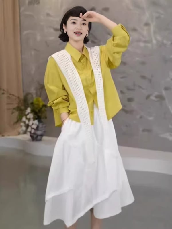 Bluză de damă cu mâneci lungi, croială lejeră, stil coreean cu gulă, nasturi pe un singur rând, design simplu, primăvara 2026