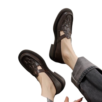 Új, elegáns francia retro főiskolai stílusú szövött loafer vastag sarokkal, T-straps bőr felsővel nőknek