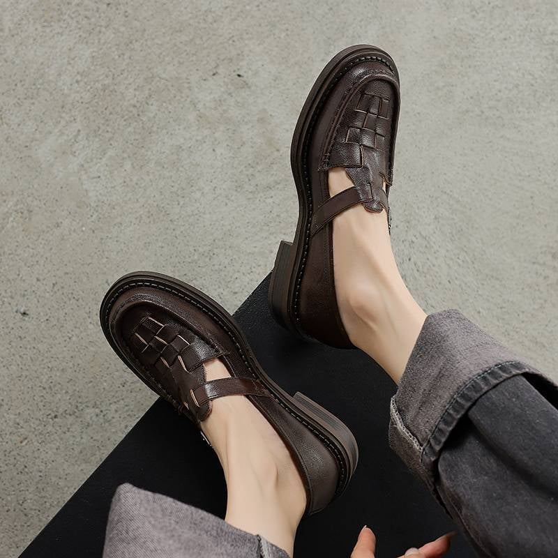 Új, elegáns francia retro főiskolai stílusú szövött loafer vastag sarokkal, T-straps bőr felsővel nőknek