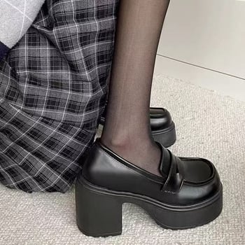 Ženske loafers 2026, debeli pet, britanski stil, slip-on, crne PU kože