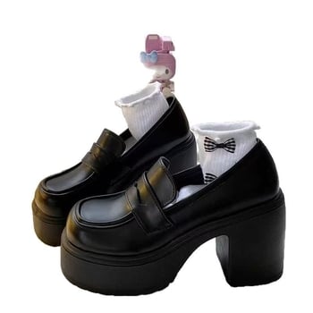 Ženske loafers 2026, debeli pet, britanski stil, slip-on, crne PU kože