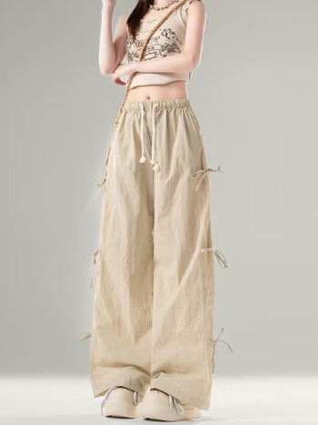 Amerikai stílusú drawstring cargo nadrág tiniknek, lányoknak, egyenes szabású, nyári casual hosszú nadrág