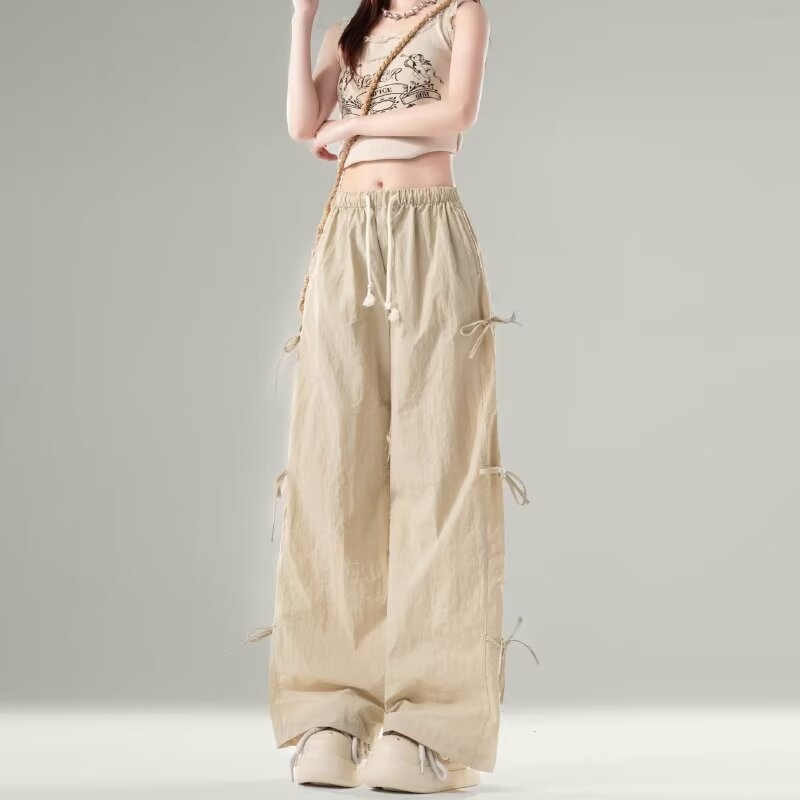 Amerikai stílusú drawstring cargo nadrág tiniknek, lányoknak, egyenes szabású, nyári casual hosszú nadrág