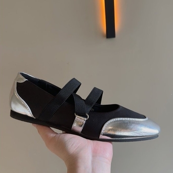 Női lapos cipő négyzetes orral, 2026 tavasz új modell, Mary Jane balerina gumis pánttal, ezüst