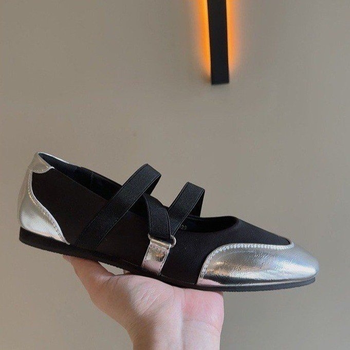 Női lapos cipő négyzetes orral, 2026 tavasz új modell, Mary Jane balerina gumis pánttal, ezüst
