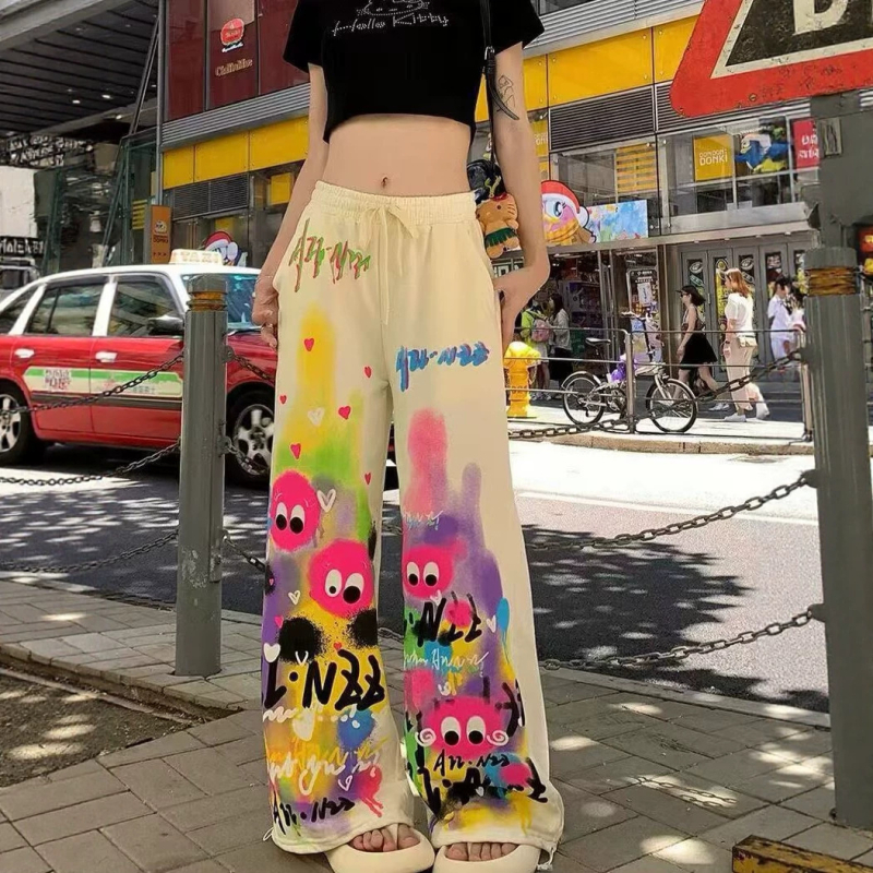 Dámske farebné graffiti ležérne nohavice inšpirované dopamínom, dlhé nohavice pre jar a jeseň, móda Harajuku