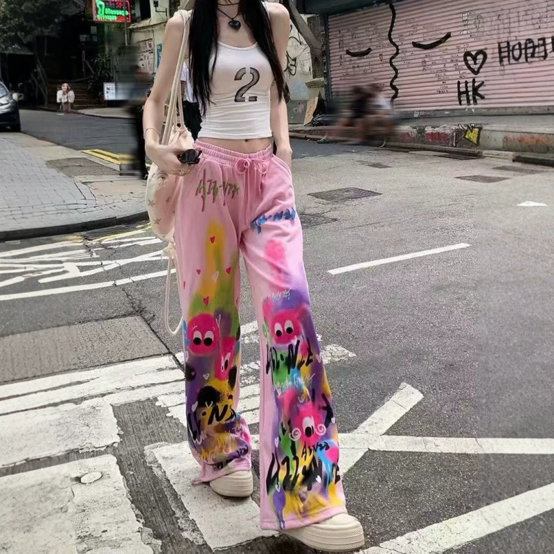 Dámske farebné graffiti ležérne nohavice inšpirované dopamínom, dlhé nohavice pre jar a jeseň, móda Harajuku
