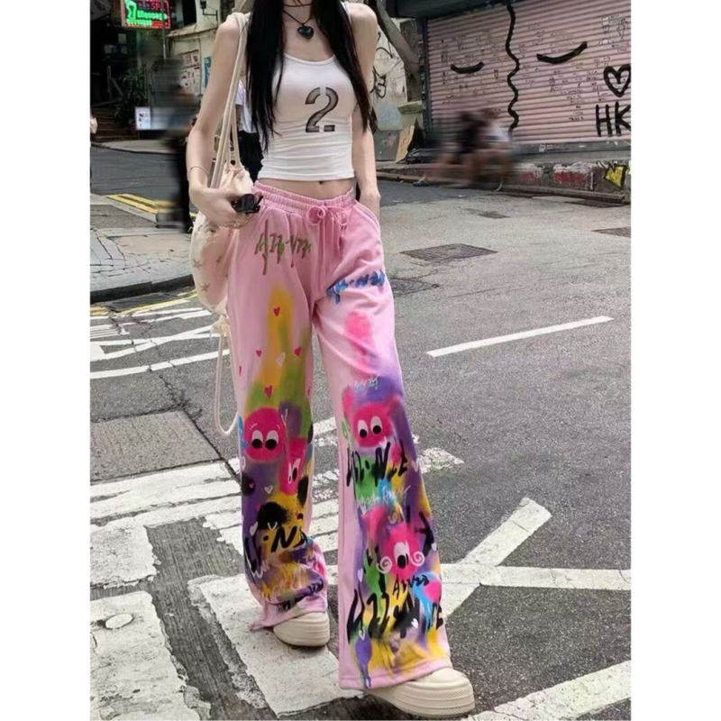 Dámske farebné graffiti ležérne nohavice inšpirované dopamínom, dlhé nohavice pre jar a jeseň, móda Harajuku