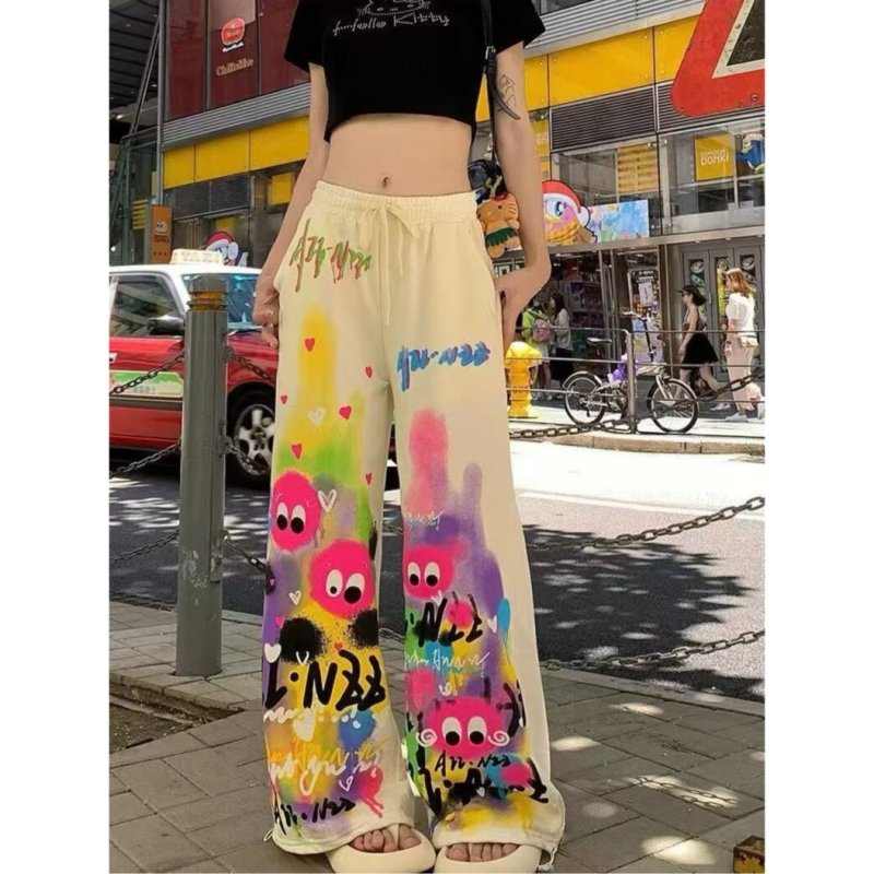 Dámske farebné graffiti ležérne nohavice inšpirované dopamínom, dlhé nohavice pre jar a jeseň, móda Harajuku