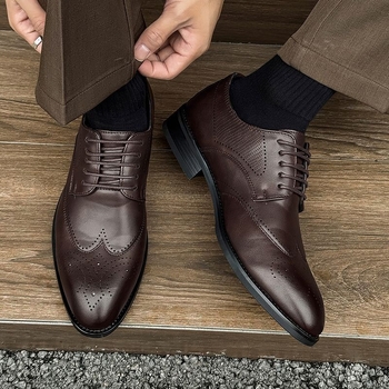 Pantofi Derby cu înălțare a înălțimii, stil britanic, piele brogue pentru bărbați, modele gravate, pantofi formați și business casual pentru mire