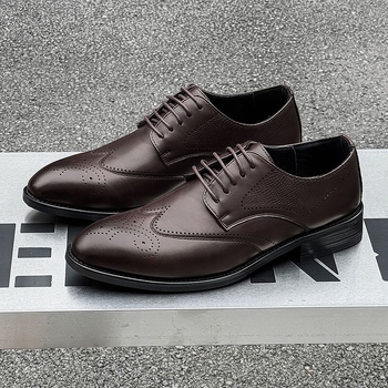 Pantofi Derby cu înălțare a înălțimii, stil britanic, piele brogue pentru bărbați, modele gravate, pantofi formați și business casual pentru mire