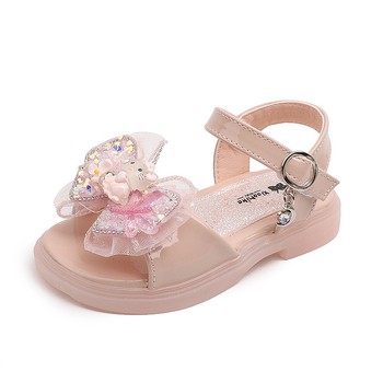 Sandale de vară pentru fetițe, cu paiete și funda, stil prințesă, deget deschis, curea simplă