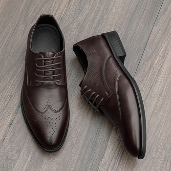 Pantofi Derby din piele pentru bărbați, brogue, formali și casual, cu creștere în înălime, stil britanic