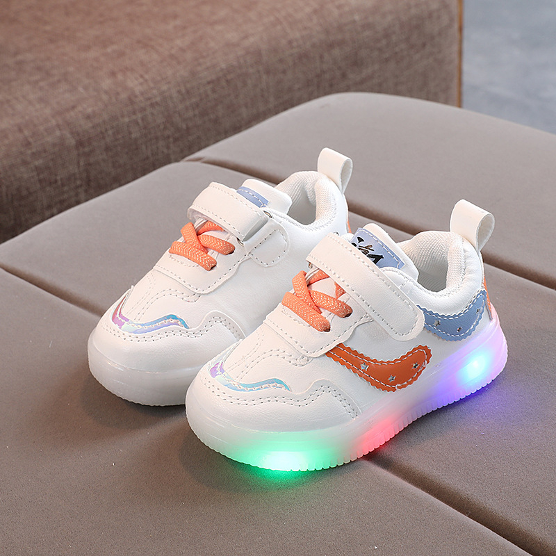 Adidași pentru copii cu lumini LED, în stil coreean, pentru primăvară-toamnă, albi, casual pentru băieți și fete