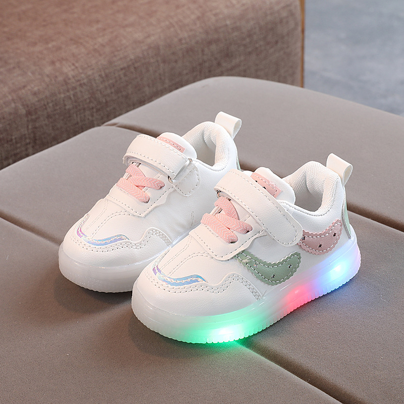 Adidași pentru copii cu lumini LED, în stil coreean, pentru primăvară-toamnă, albi, casual pentru băieți și fete