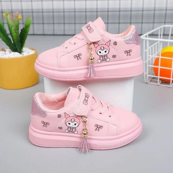 Pantofi sport albi pentru fete, în stil coreean, cu Velcro, imprimeu desen animat, gleznă joasă, talpă moale, pentru primăvară–toamnă 2024