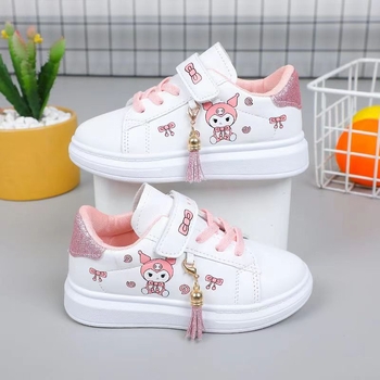 Pantofi sport albi pentru fete, în stil coreean, cu Velcro, imprimeu desen animat, gleznă joasă, talpă moale, pentru primăvară–toamnă 2024