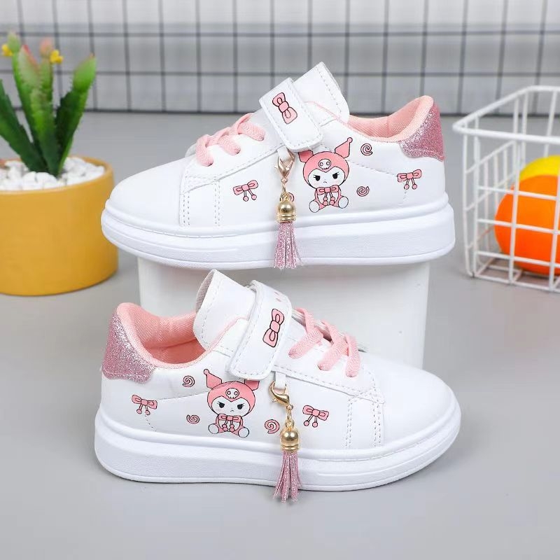 Pantofi sport albi pentru fete, în stil coreean, cu Velcro, imprimeu desen animat, gleznă joasă, talpă moale, pentru primăvară–toamnă 2024