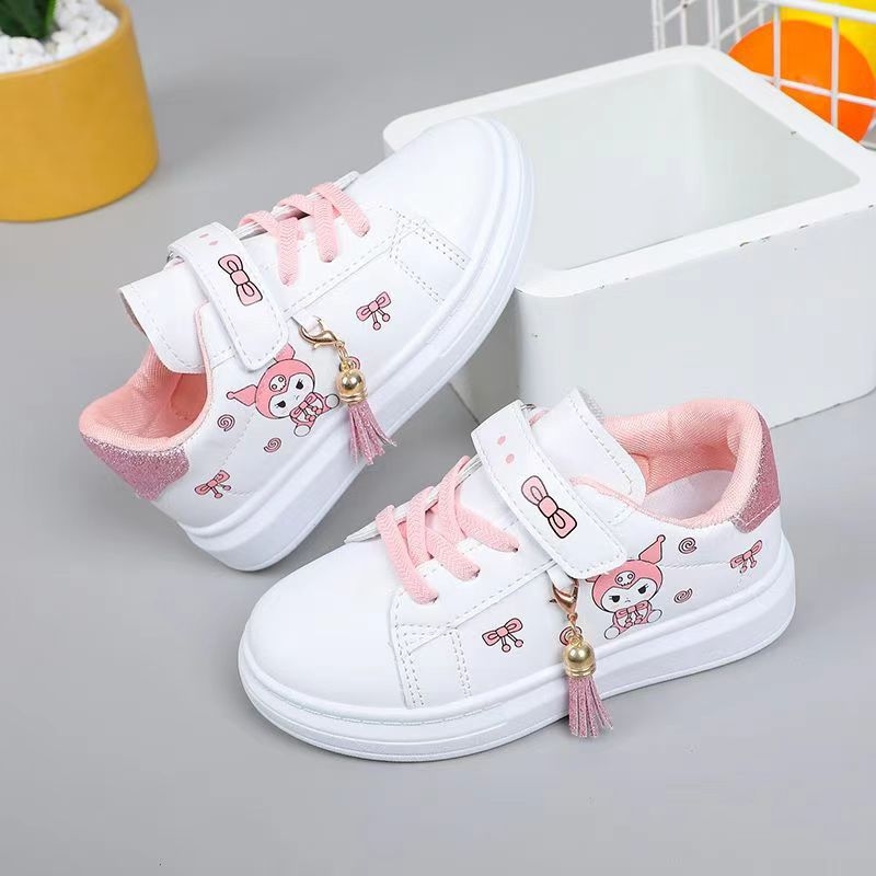 Pantofi sport albi pentru fete, în stil coreean, cu Velcro, imprimeu desen animat, gleznă joasă, talpă moale, pentru primăvară–toamnă 2024